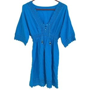 Blue Swim Cover Up Dress Womens S Lace Trim Beaded Ties Elastic Waist Beach Pool